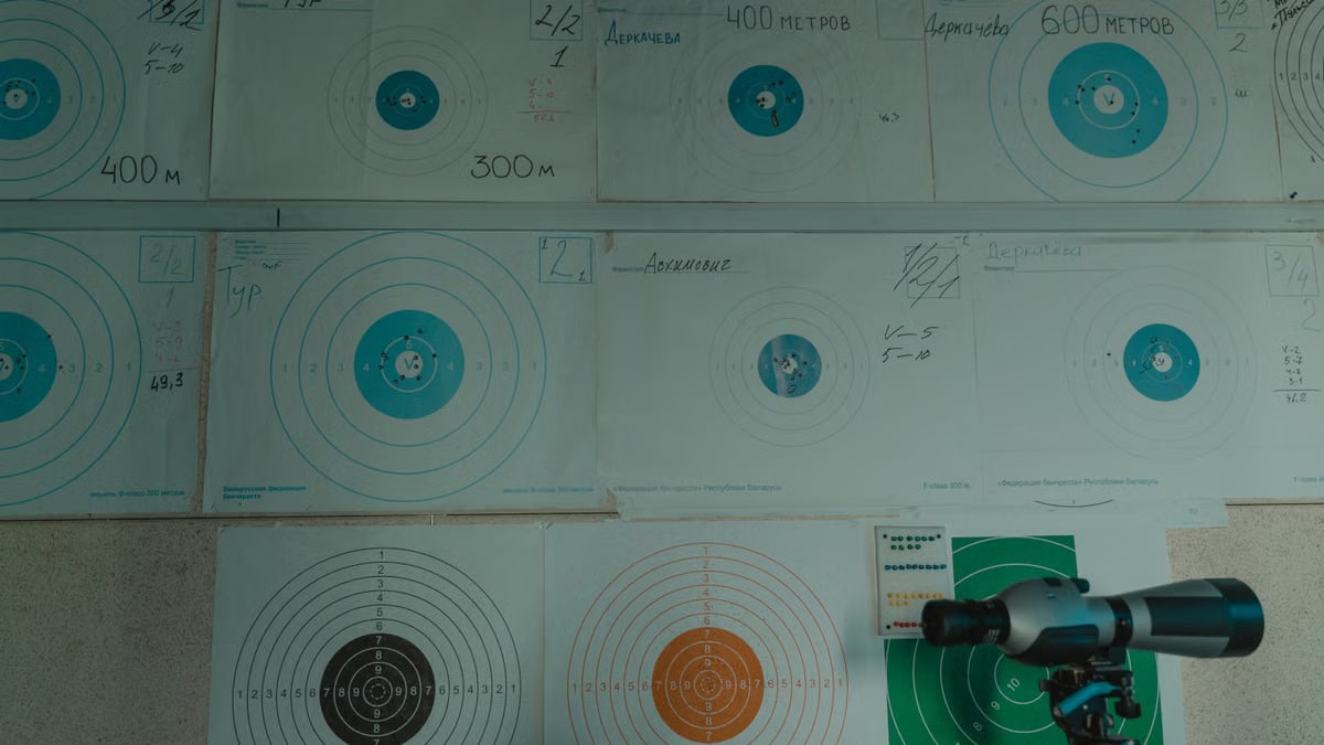 Image of a target shooting setup with a spotting scope and displayed target papers indoors.